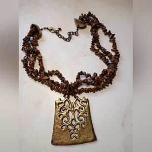Vintage Triple Strand Tiger's Eye Chip Necklace With Brass Pendant